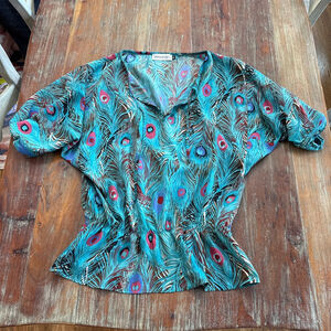 Veronica M Peacock Feather Print V-Neck Smocked Dolman Blouse - Size Medium